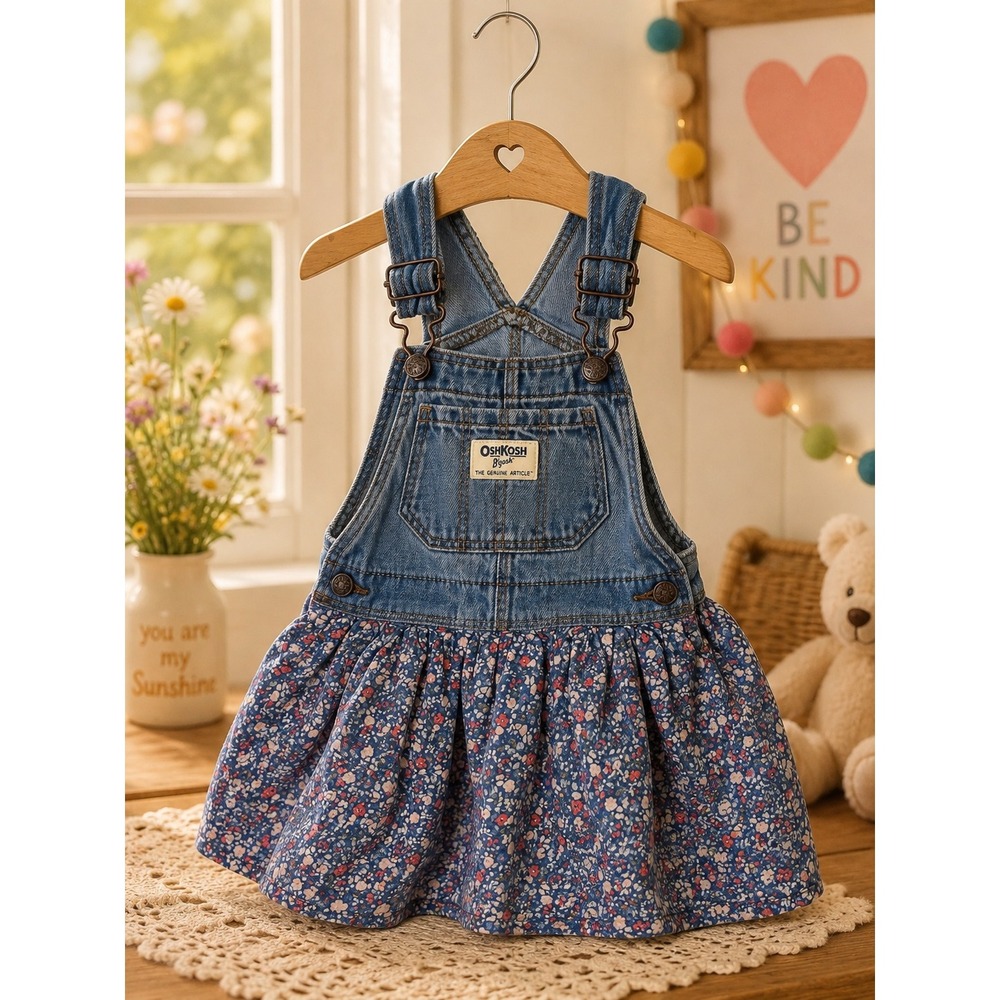 OshKosh B'gosh Toddler Girls Floral Denim Overall Jumper Dress 18-24M Blue